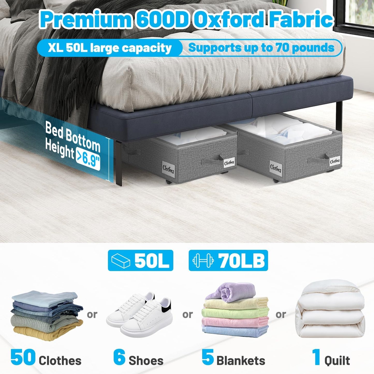 Under Bed Storage with Wheels, 2-Pack 6.7" Height XL 50L Rolling Storage Bins, Quick Assembly Underbed Shoe Storage Containers with Clear Lid & Label, Dorm Under bed Drawers for Clothes, Shoes, Grey