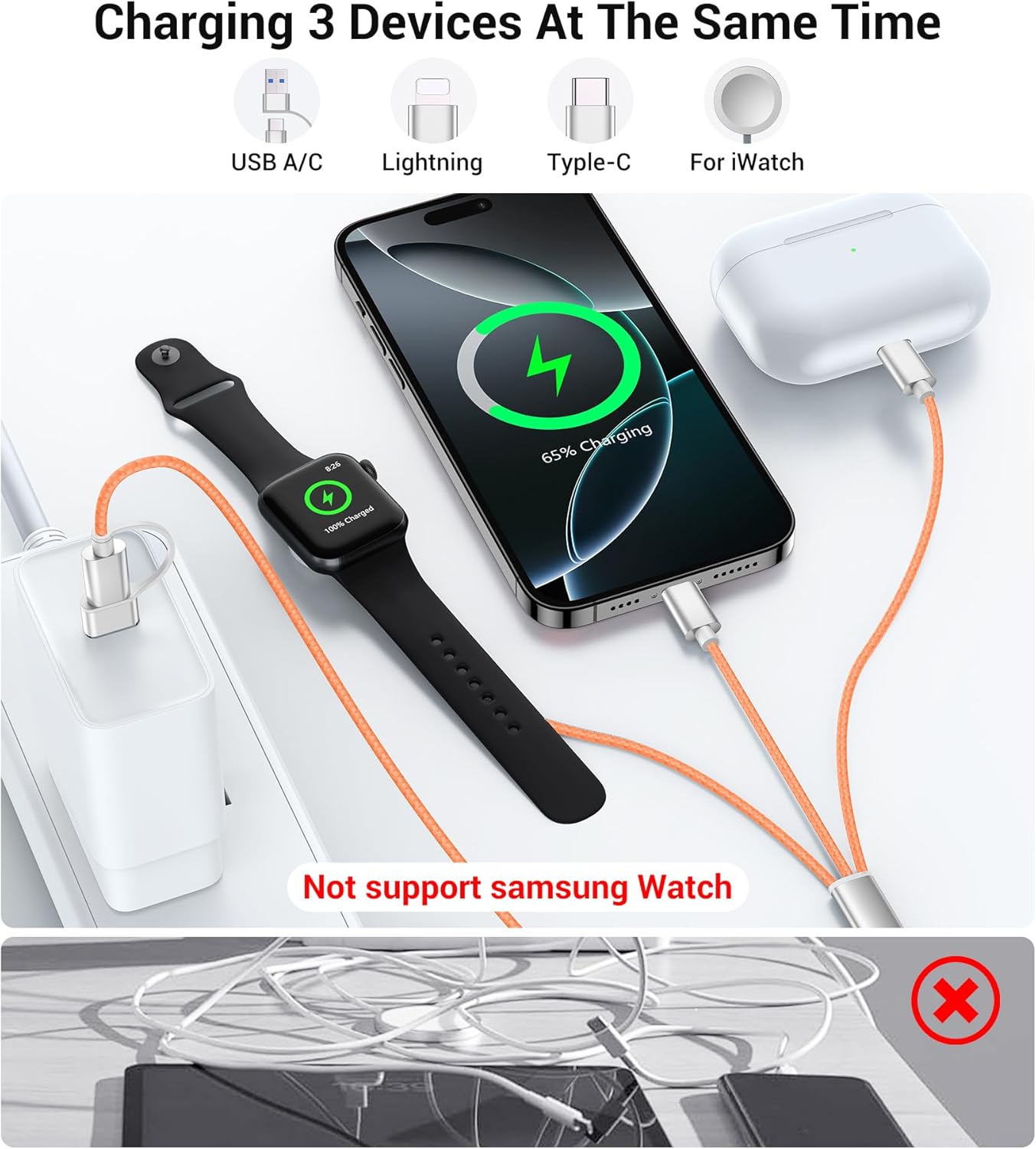 Temdan for Travel Vacation Essentials,3 in 2 USB C Cable for Apple Watch Charger/iPhone 17 Charger/Lightning,Multi Charging Cable Cord,Camping Essentials,Designed for iWatch &iPhone 16-12-4FT Orange