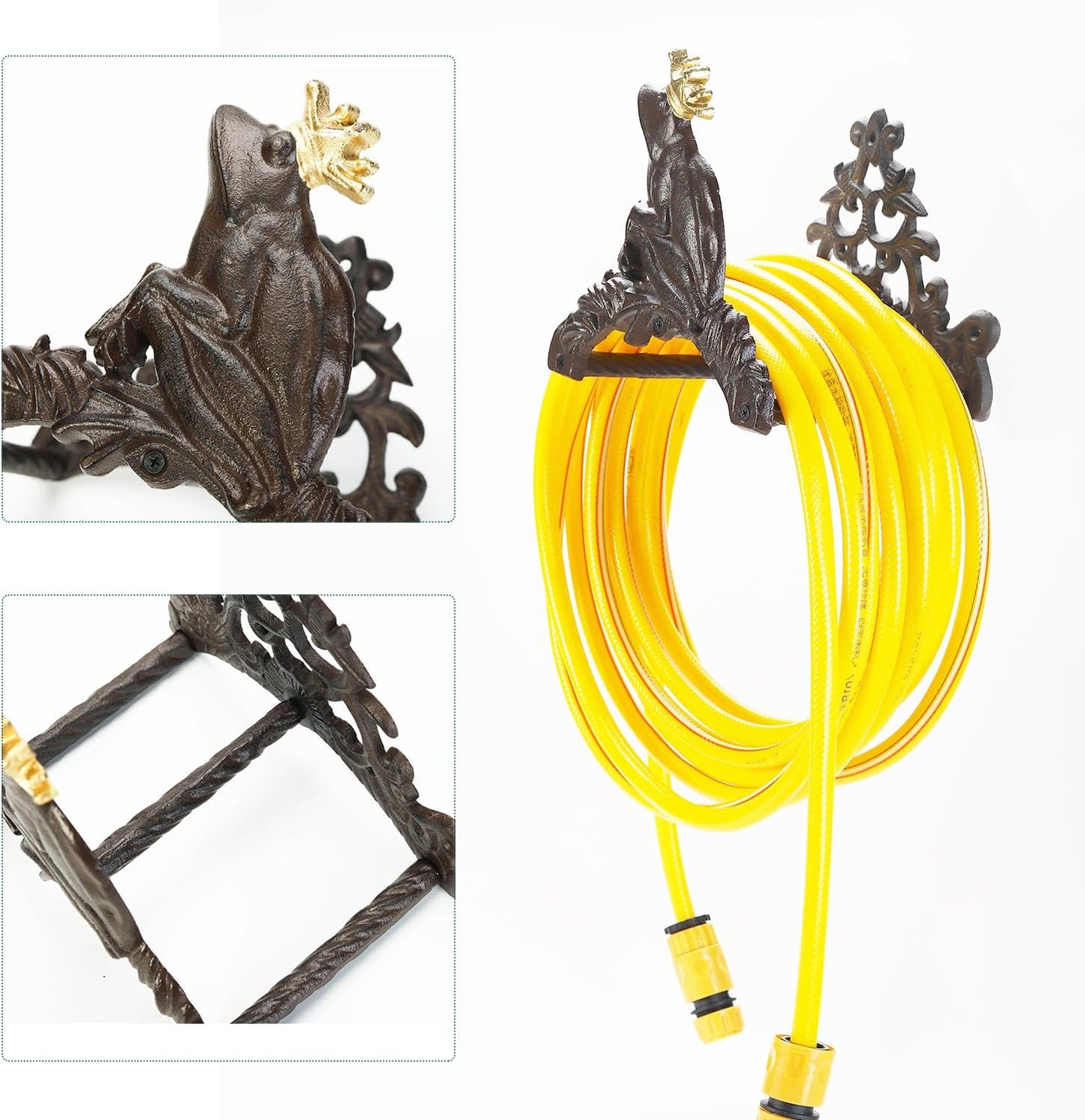 Sungmor Heavy Duty Cast Iron Garden Hose Holder | Water Hose Hanger Wall Mounted | Decorative Indoor Outdoor Hose Rack Reel | 50FT 75FT 100FT Water Hose Bulter Storage | Lovely Frog Metal Hose Stand