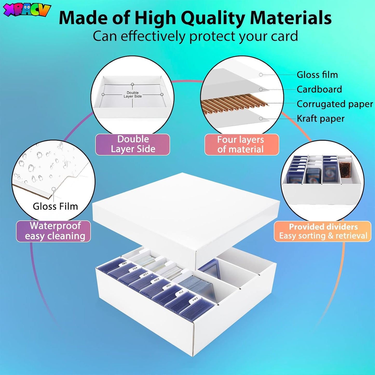 Trading Card Storage Box, 4 Row 3200 Count Collector Cards Box with Divider, White Corrugated Cardboard Compatible with Top Loader Organizer Sorting Tray Box for Sports Cards, MTG, TCG Cards (1-Pack)