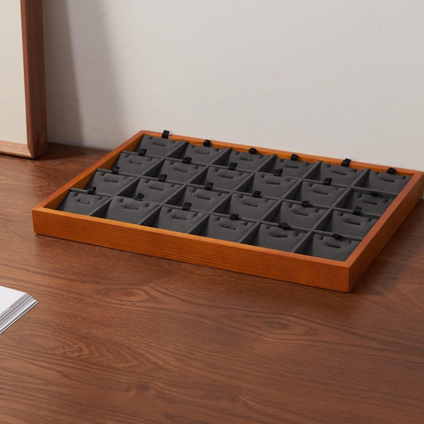 Oirlv Wood 24 Grids Jewelry Tray with Removable Inserts Jewelry Pads Necklace/Pendant Display Organizer Tray(Grey)