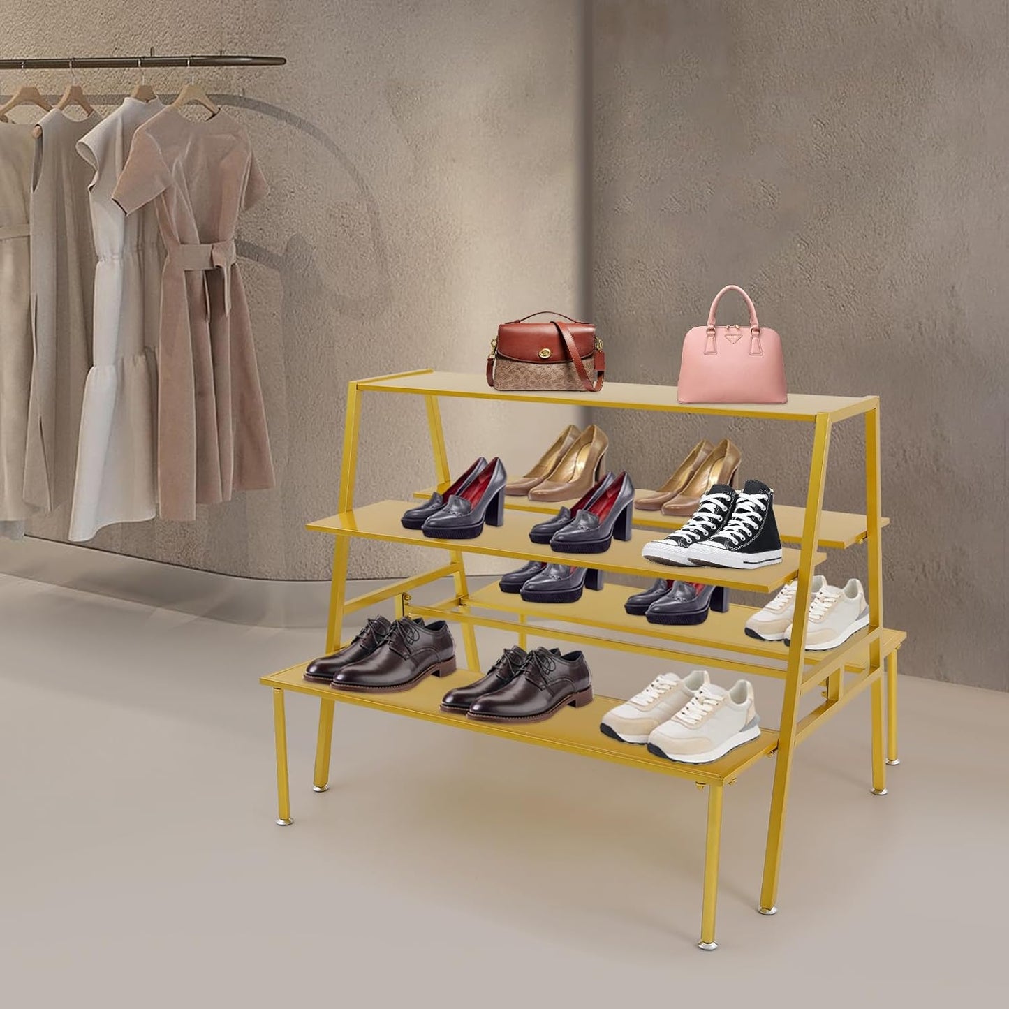 Nesting Tables for Retail Display, 3 Tier Metal Shoe Handbag Display Stand, Modern Retail Display Tables for Boutiques, Floor Standing Double Side Display Riser Shelf for Clothing Stores (Gold)