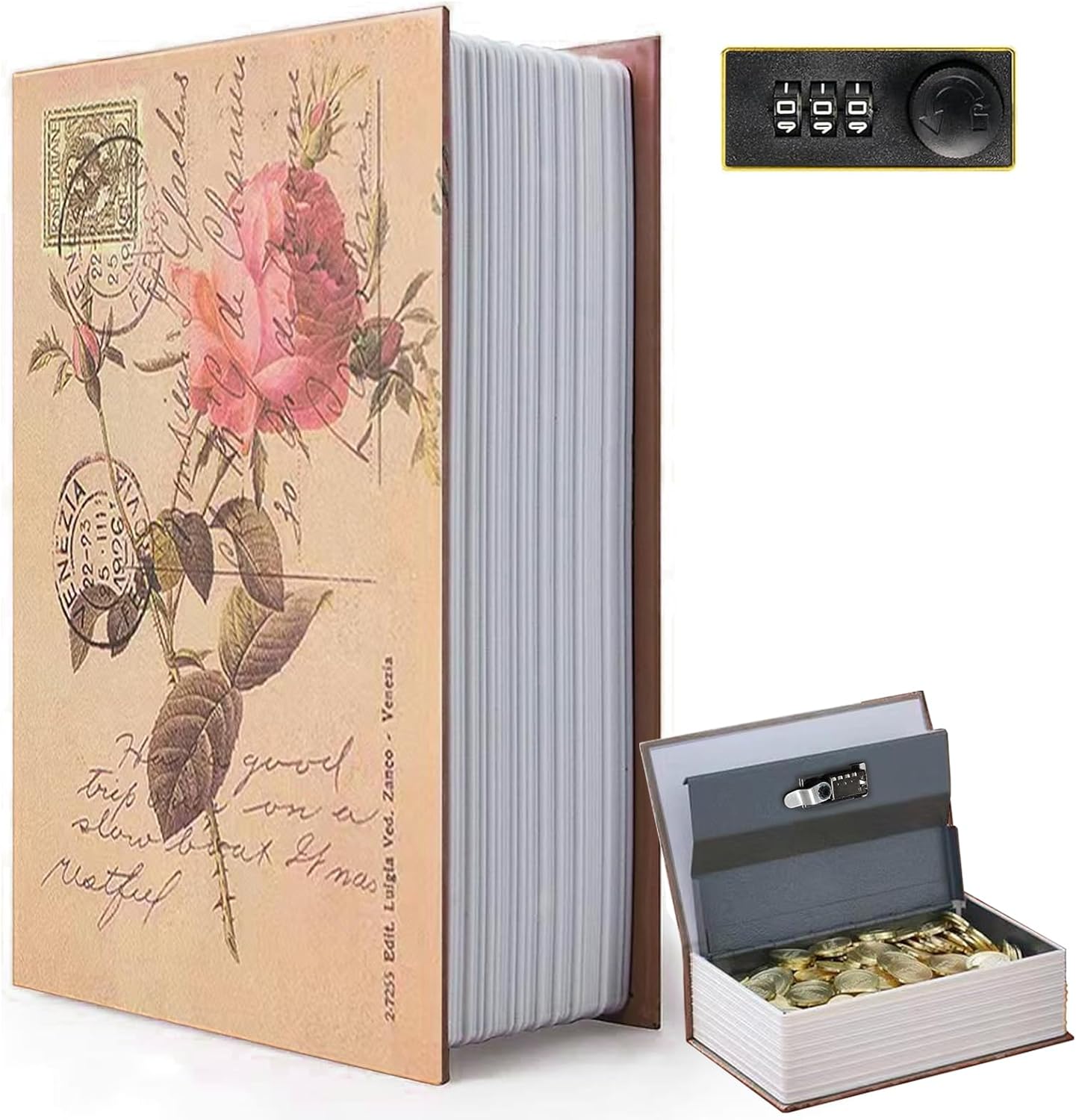Decorative Book Safe Box with Combination Lock, Vintage Faux Book Hidden Safe for Decoration, Secret Diversion Book Safe Storage Box for Home Office Café Bookshelf （9.5"×6"×2.2"）