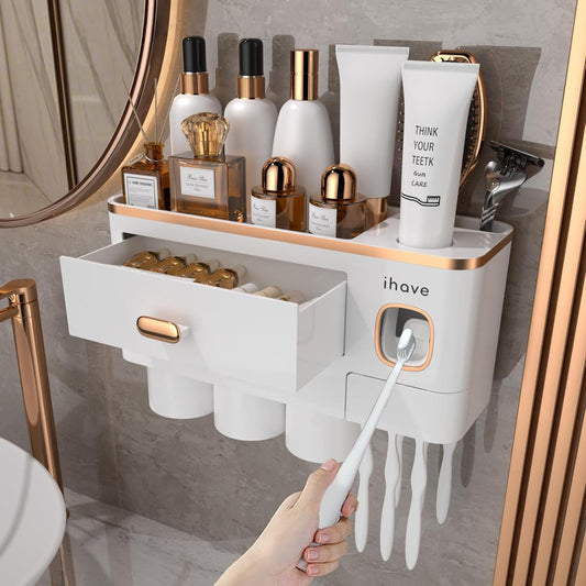 iHave Toothbrush Holders for Bathrooms - Upgrade Wall Mounted Toothbrush Holder with Toothpaste Dispenser - 3 Cups, Large Capacity Tray - Bathroom Accessories & Bathroom Storage