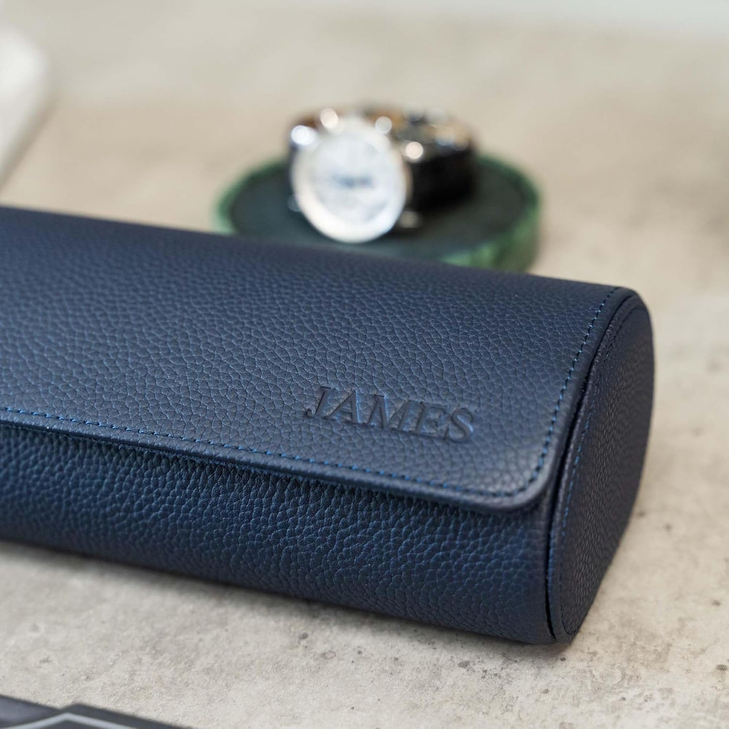 DailyWatch | Personalized Watch Roll Travel Case For 3 Watches - Handmade Genuine Leather Travel Case With Custom Engraving of Name or Initials - Navy Blue Litchi