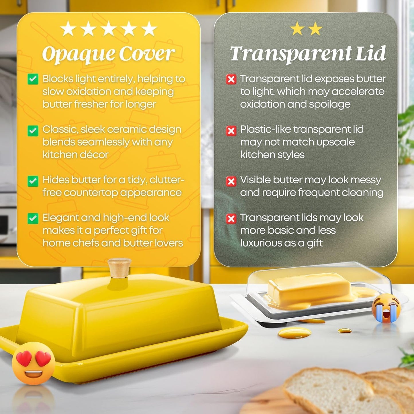 Flexzion Ceramic Yellow European Butter Dish with Lid for Countertop (8 Inch) - Wide 2 Stick Double Butter Holder for Counter, Cream Cheese Container Storage Keeper
