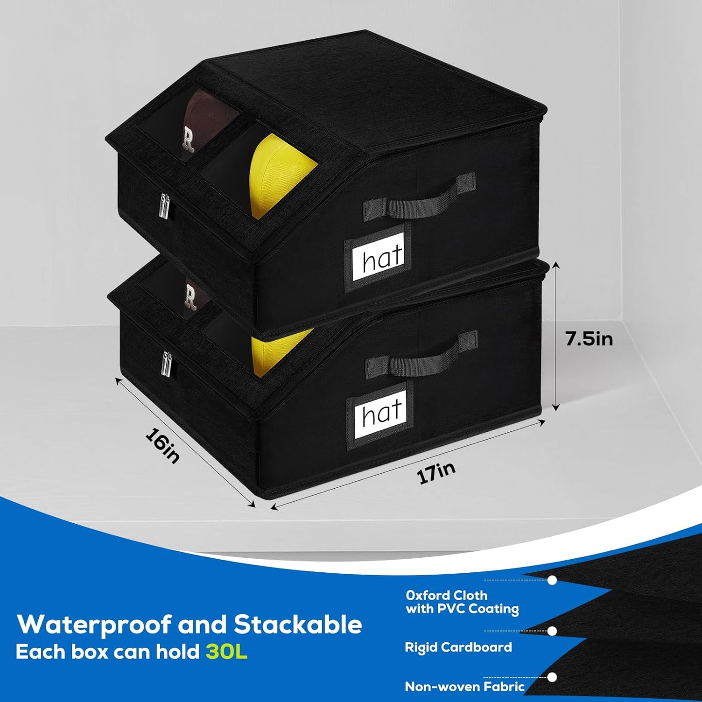 2 Pack Hat Storage for Baseball Caps-Holds Up to 48 Caps, Hat Organizer for Closet Stackable Hat Box with Cardboard, Dustproof Baseball Cap Organizer with 2 Handles for Home Travel (Black, 2Pack)