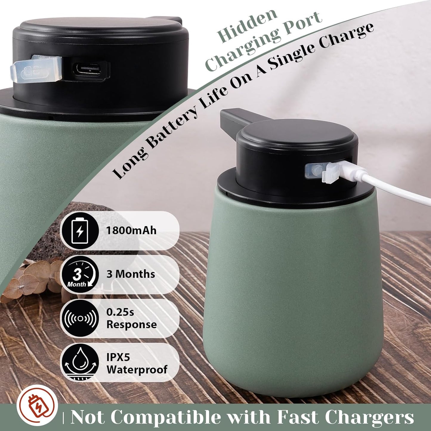 INGOFIN Automatic Ceramic Bathroom Accessory Set - 3 Pcs Auto Liquid Soap Dispenser Touchless, Toothbrush Holder & Tray, Smart Electric Bathroom Counter Set for Home, Guest Room, or Office, Green