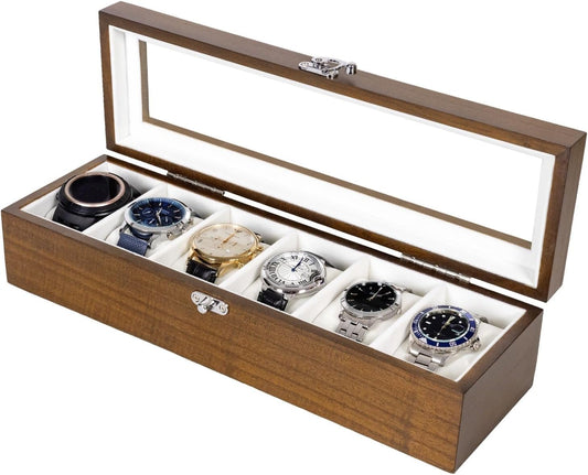 Watch Box, Watch Case for Men Women with Large Glass Lid, Wooden Watch Display Storage Box with 6 - Slots, Rustic Brown Mens Watch Box Organizer