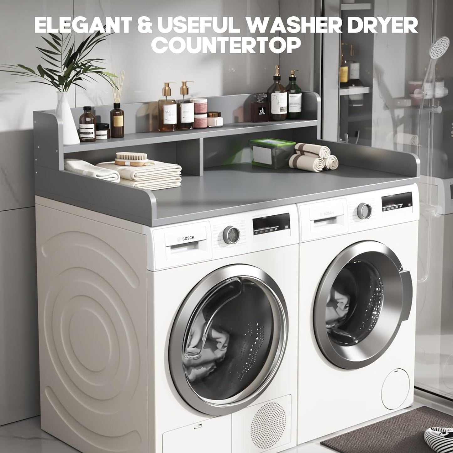 2-Tier Washer and Dryer Countertop with 2.75" H Guard,54" W x 27.5" D Laundry Countertop Cover with Non-Slip Pad,Large Space Laundry Topper for Folding Clothes Over Washer and Dryer-Gray
