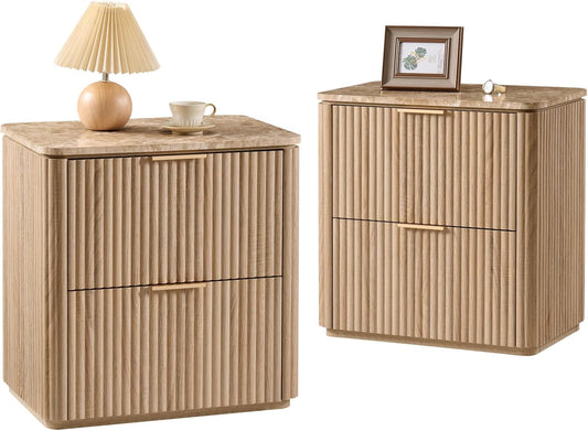 Fluted Nightstand Set of 2, Bedside Table with 2 Drawers, Engineered Wood End Table with Faux Marble-Top, Curved Corners, Metal Handle, Modern Night Stand for Bedroom, Small Spaces, Natural Oak