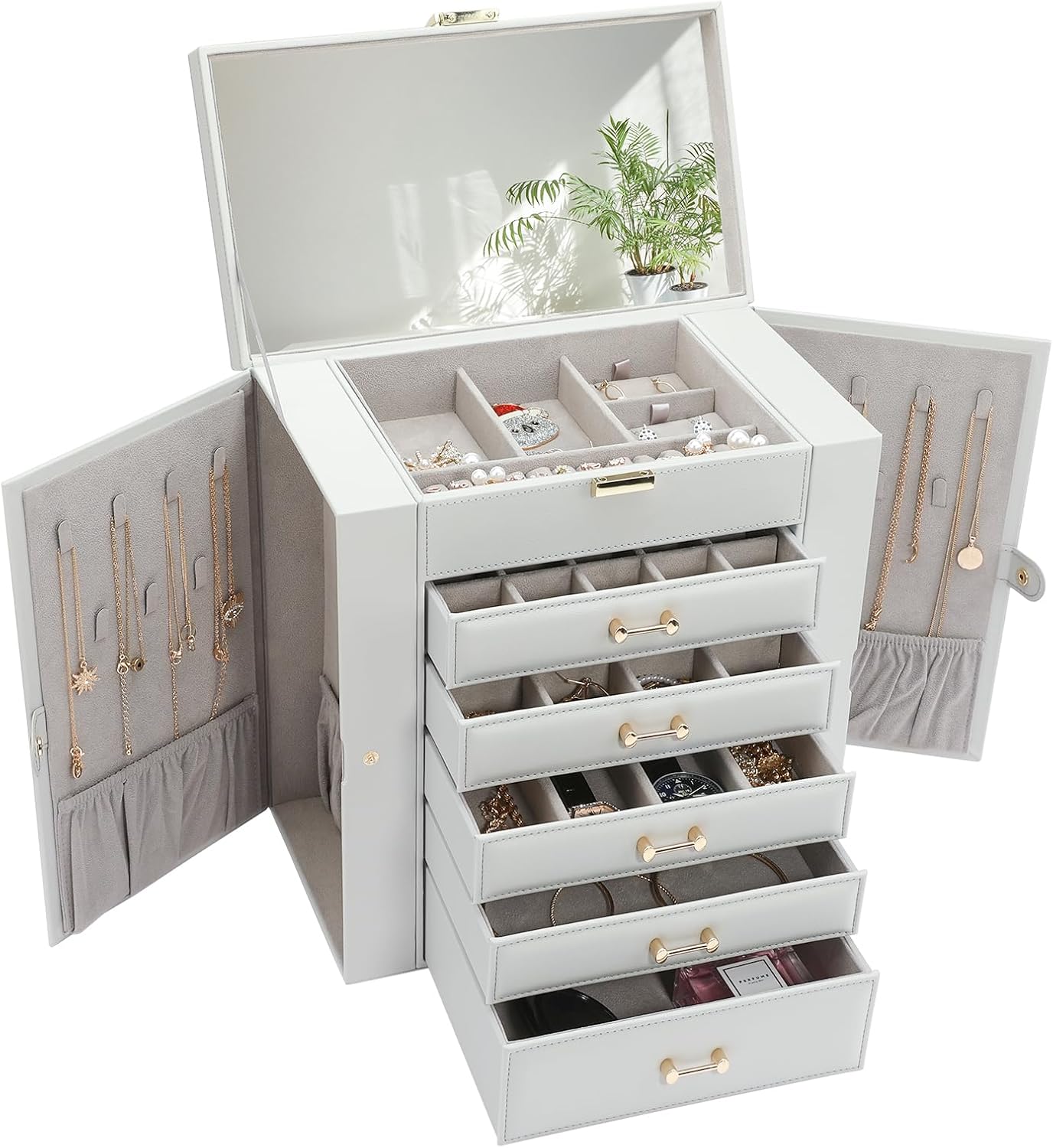 Large Jewelry Box, Jewelry Boxes for Women Large Jewelry Organizers and Storage, Jewelry Organizer for Rings Earrings Necklaces Glasses Bracelets Watches, Grey
