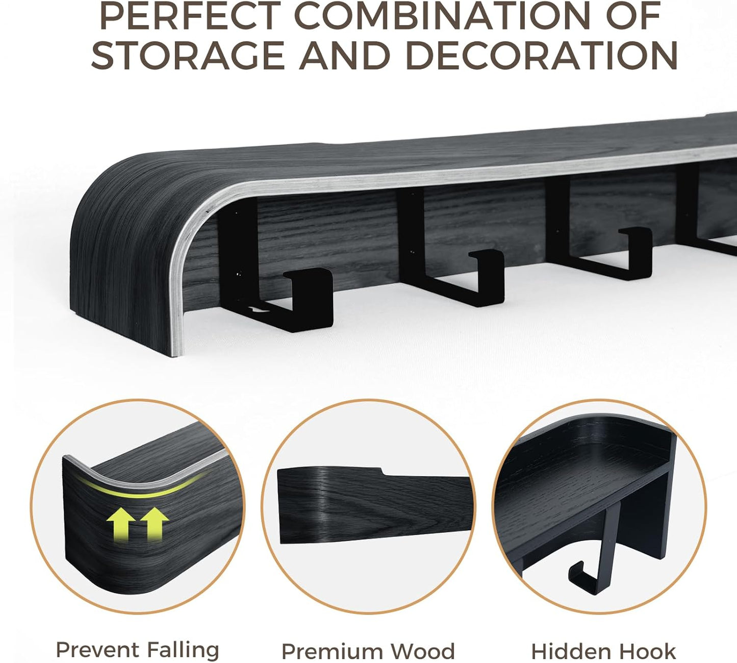 Wall Coat Rack Floating Shelves Modern Coat Rack Wall Mount with Storage Entryway Shelf Wooden Hanger 20 Inch 4 Hidden Metal Hooks for Living Room Bedroom (Black, 5 Hooks)