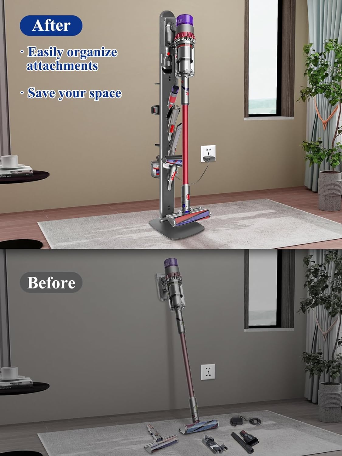 Metal Vacuum Stand for Dyson Gen5 V15 V12 V11 V10 V8 V7 V6 Cordless Vacuum Organizer with 4 Hooks & 4 Shelves, Hidden Cable Design, Space-Saving Attachment Holder for Dyson Cordless Vacuums