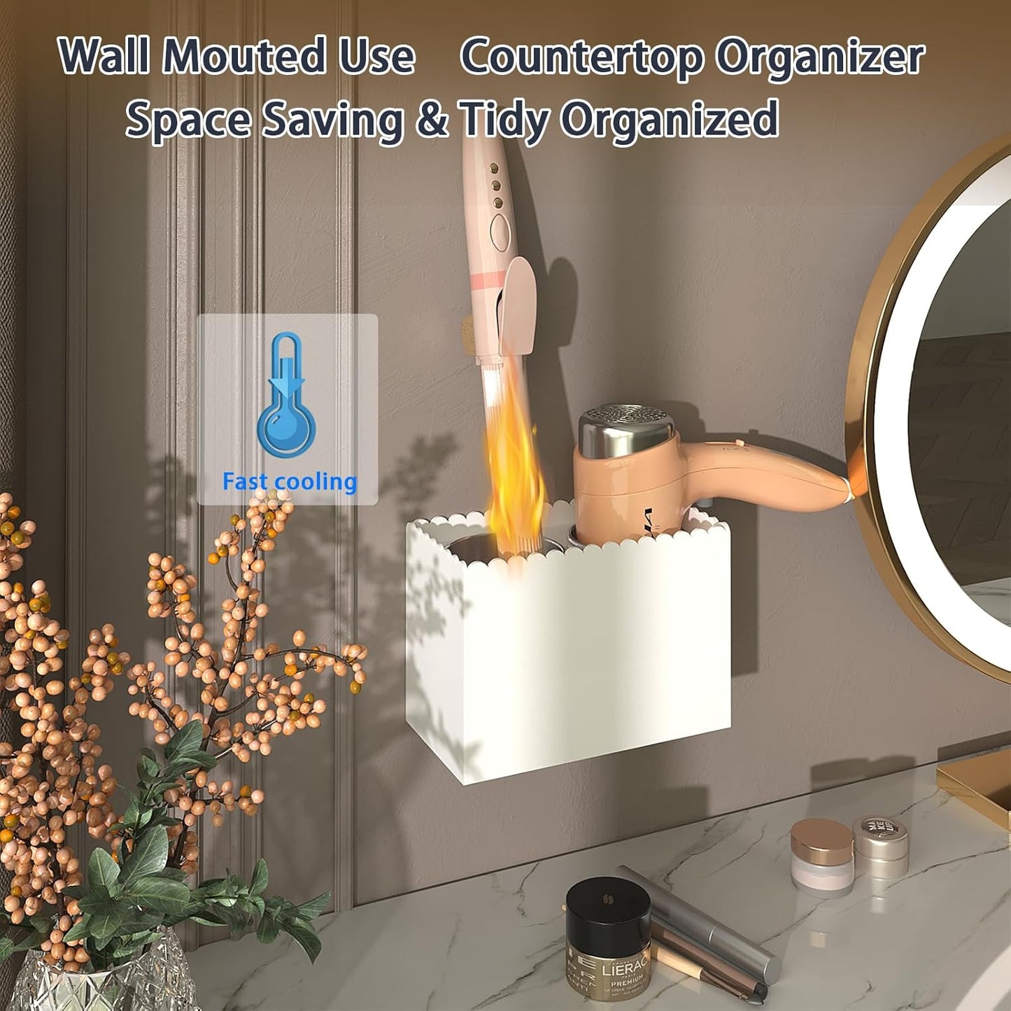 Hair Tool Organizer, Wall Mount Hair Dryer Holder with 2 Cups,Scalloped Design Acrylic Hair Styling Tools Organizer for Curling Iron Straightener Bathroom Storage (2 Cups Scalloped)