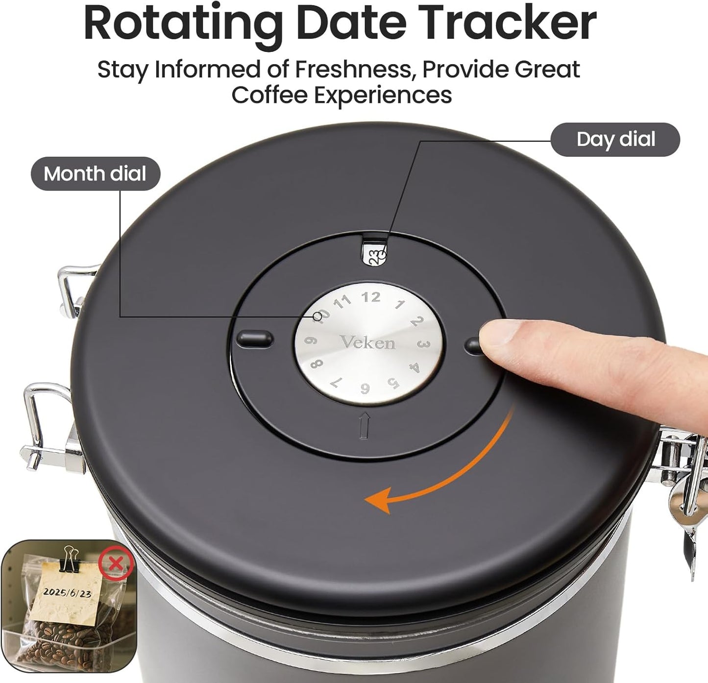 Veken Coffee Canister, Airtight Stainless Steel Kitchen Food Storage Container with Date Tracker and Scoop for Grounds Coffee, Beans, Tea, Flour, Cereal, Sugar, 22OZ, Gray