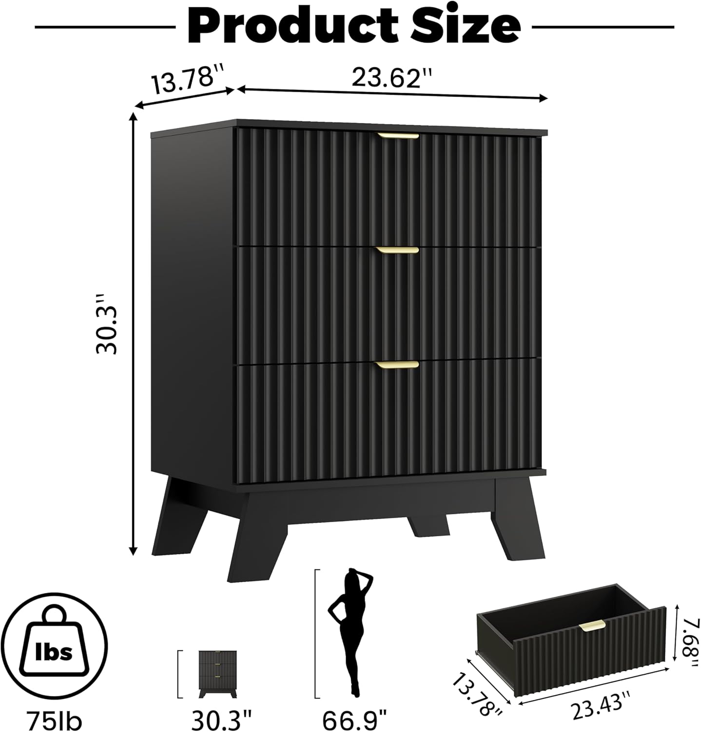 Night Stand Set 2, Bedside Table & End Table, Mid Century Modern Fluted Wood Nightstand with 3 Drawers & Metal Handles, Farmhouse Nightstand for Bedroom, Black