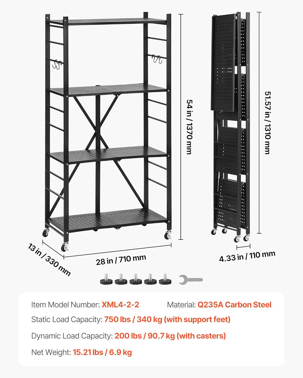 VEVOR 4-Tier Foldable Storage Shelf, 28W x 13D x 54H Inch Folding Metal Rack Shelving Unit, No Assembly Organizer Shelf with 5 Wheels & 4 Hooks for Pantry, Kitchen, Garage, Basement, Black