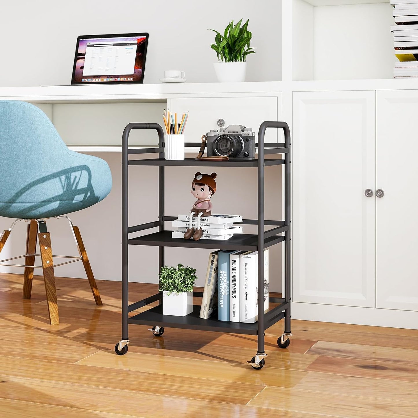 HDANI 3 Tier Rolling Cart Shelves,Heavy Duty Multifunctional Metal Frame-Supports 22 Lbs Per Tier,Rolling Cart with 2 Lockable Wheels for Home,Office,Kitchen,Bathroom,Bedroom,Black