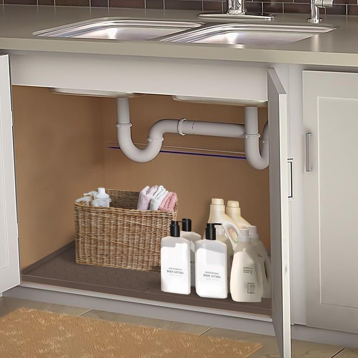 Under Sink Mat for Kitchen Silicone Waterproof Under Sink Liner, Flexible Sink Cabinet Organizer Tray with Drain Hole, Hold up to 3.3 Gallons Liquid, Easy to Clean (Brown, 28X19)