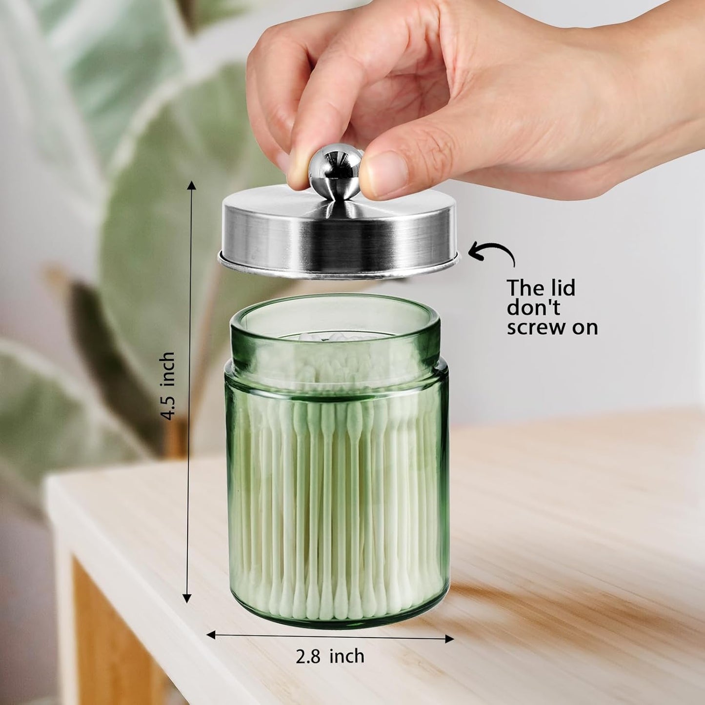 Amolliar Sage Green Glass Apothecary Jar, Qtip Holder Metal Lid & Sticker, Bathroom Qtip Dispenser Storage Canister, Perfect for Cotton Balls, Swabs, Round Pads, Bath Salt, Floss,Brushed Nickel 1 Pack