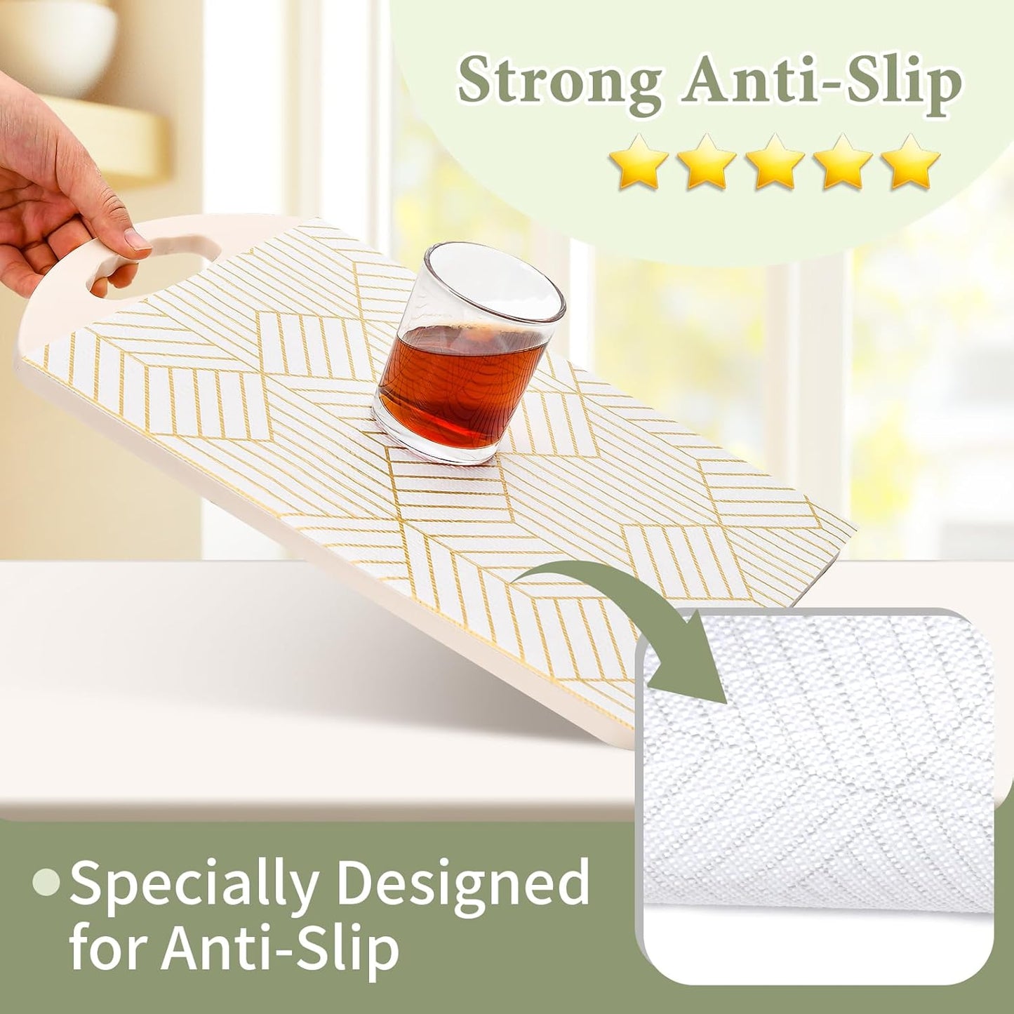 Shelf Liners for Kitchen Cabinets 12in x 40FT, Non Adhesive Cabinet Liner Strong Non-Slip Thickened Gold Geometric Drawer Liner, Easy to Clean for Shelf, Cabinet with Knife and Tape Measure