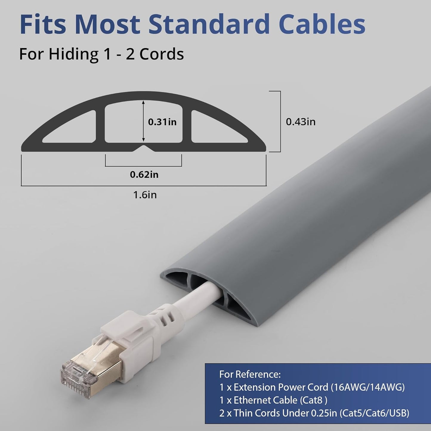 ZhiYo 10ft Cord Covers for Wires on Floor, Cord Hider Floor Hide Extension Cords, Soft PVC Cable Cover Cable Protector, Cable Cavity W0.62in H0.31in, Gray