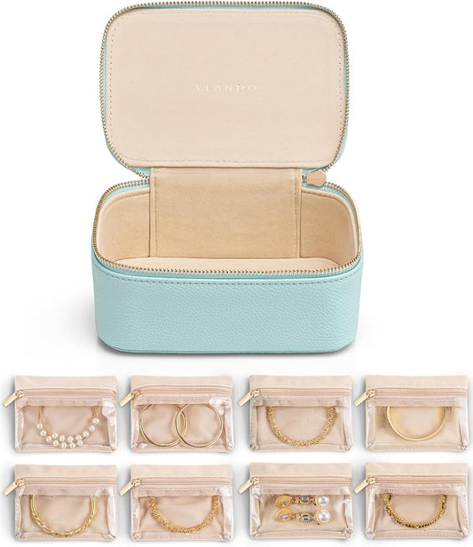 Vlando Jewelry Travel Organizer with 8 Velvet Jewelry Bags Travel Jewelry Storage Box Jewelry Case for Necklace Rings Earrings Trendy Christmas Birthday Graduate Gifts for Women-Lake Blue