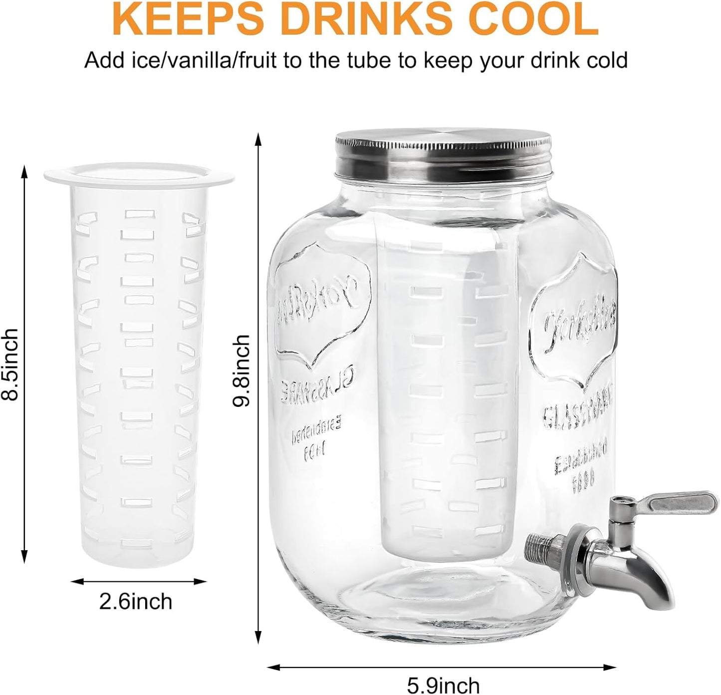 1 Gallon Glass Beverage Dispenser with Lid, Stainless Steel Spigot, Glass Drink Dispensers for Parties, Lemonade Dispenser With Ice Cylinder for Weddings, Party,Sun Tea Jar, Water Juice Dispensers