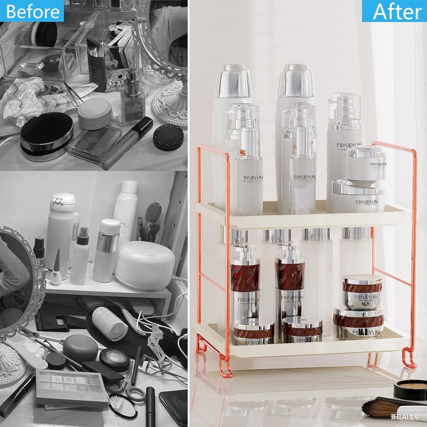 FSyueyun 2-Tier Bathroom Countertop Organizer, Tool-Less Installation Premium Plastics Makeup Shelf Organizer Perfume Skincare for Dresser Vanity Tray Organizers and Storage (Rose Gold)