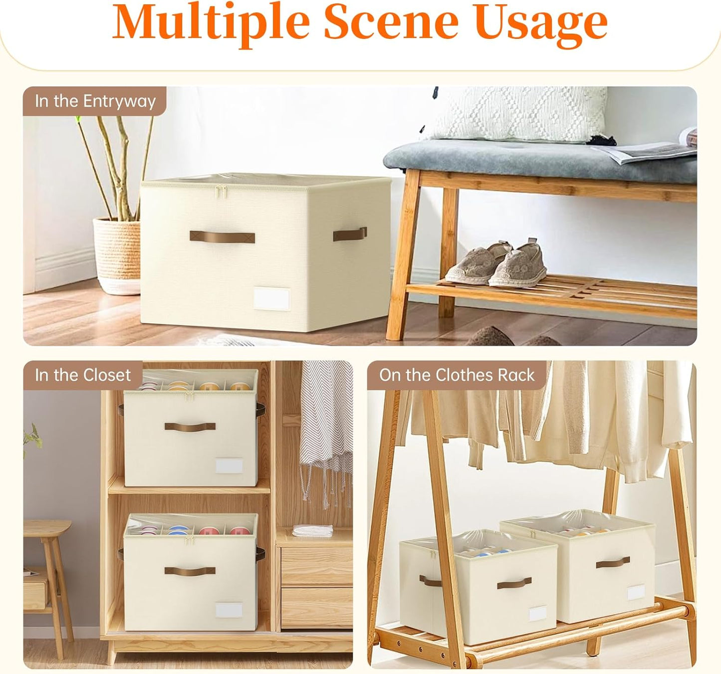 Shoe Organizer for Closet, 2 Pack Shoe Organizer with Clear Cover, Closet Shoe Storage Containers w/Adjustable Dividers, Foldable Storage Bins for Shoes, Fits 16-32 Pairs, Beige
