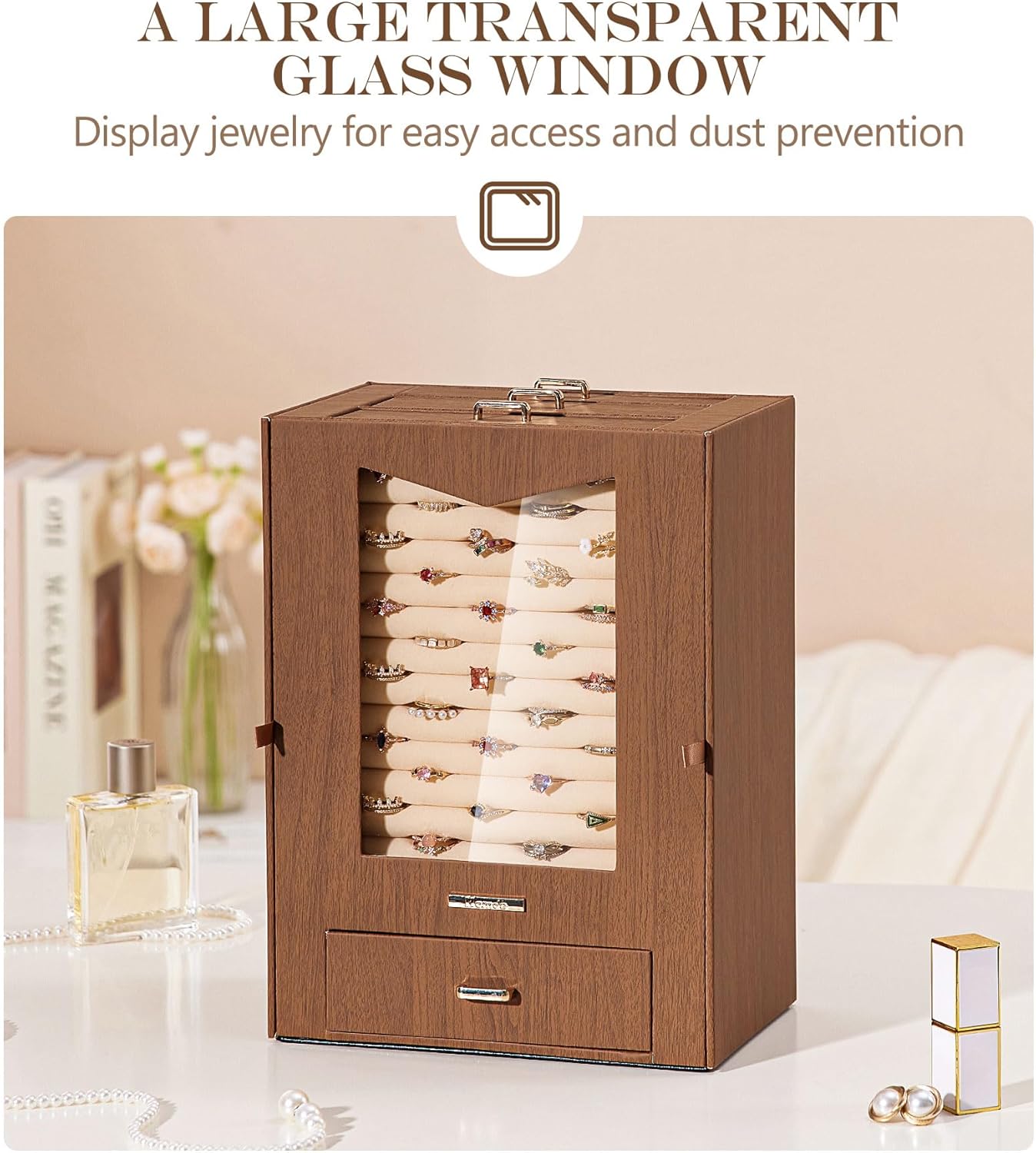 Homde Jewelry Organizer with Transparent Window Necklace Hooks Gift for Women Jewelry Box Display Case for Necklaces Rings Earrings Bracelets and Other Accessories (Brown)
