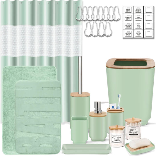 Bathroom Accessories Set,Green Bathroom Set,24 Pieces Bathroom Accessory Set with Shower Curtain,Trash Can for Bathroom Accessories Décor and Home Gifts