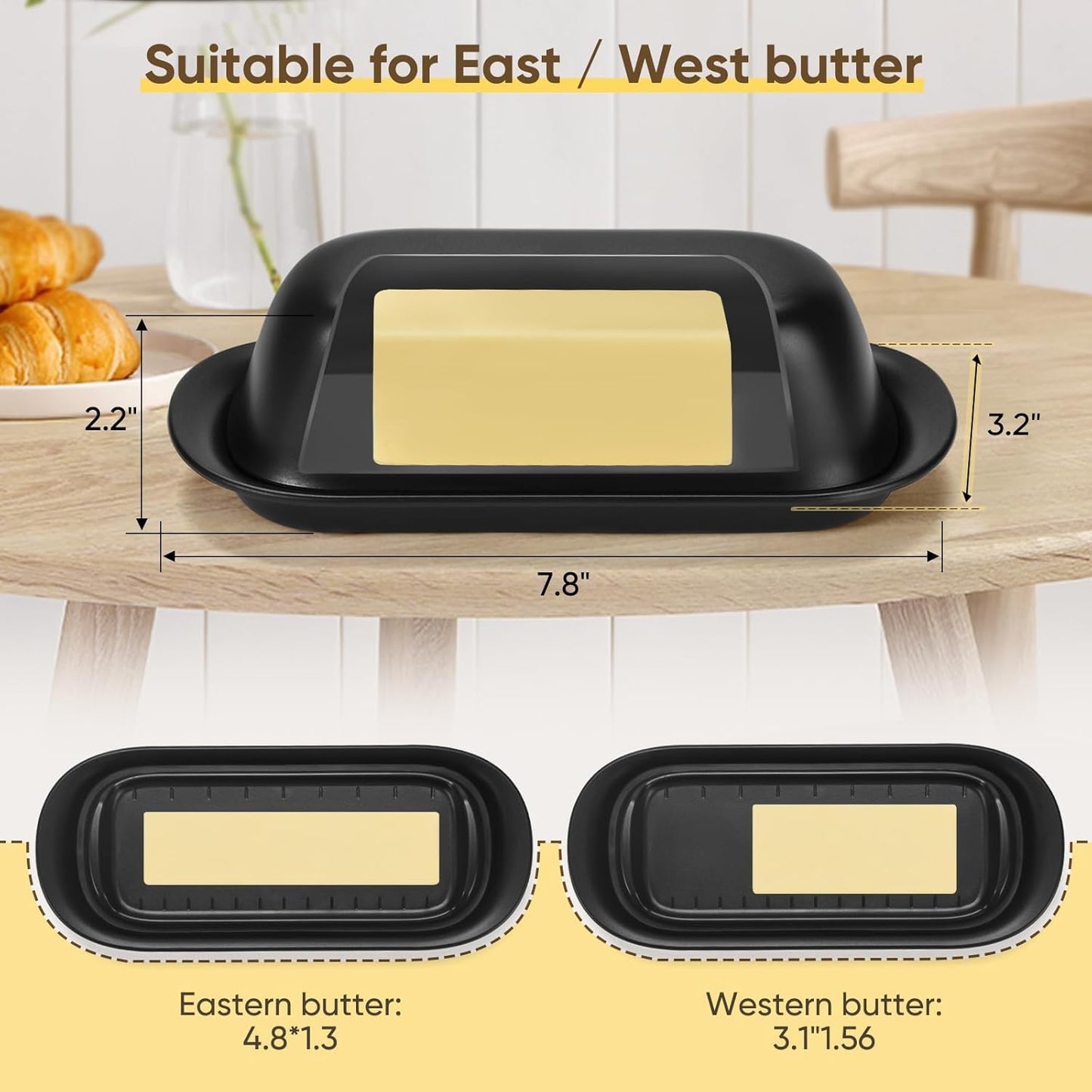 Butter Dish with Lid, Butter Keeper for Countertop, Airtight Butter Dish, Plastic Butter Keeper Tray for West/ East Coast Butter, Dishwasher Safe(Black)