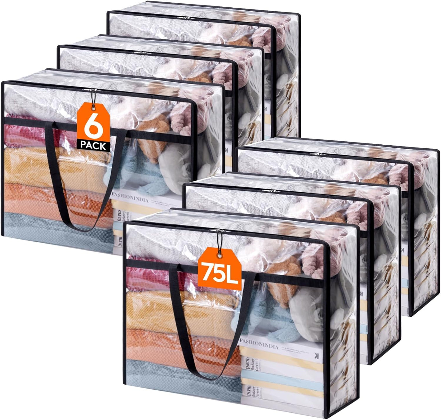 Lifewit 6 Pack Clear Clothes Storage Bags, 75L Large Plastic Blanket Storage, Vinyl Foldable Moving Bags with Zipper, Closet Organizers Containers for Comforter, Bedding, Duvet, Pillow