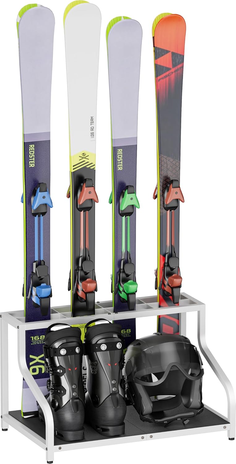Ski Storage Rack for Garage — Freestanding Ski Holder for 4 Pair Skis, Boot, Helmet, Goggles, Indoor Snowboard Rack Organizer Stand for Home, Shed, Basement, White