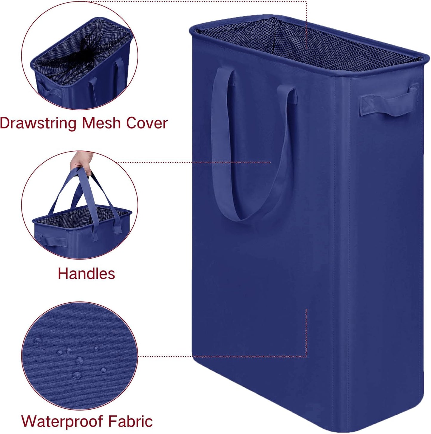 efluky Slim Laundry Basket, Narrow Laundry Hamper with Handles, Collapsible Dirty Clothes Hamper, Tall Laundry Bin for Laundry Room, Dorm and Bedroom, 12.7 Gallons(48L) Blue