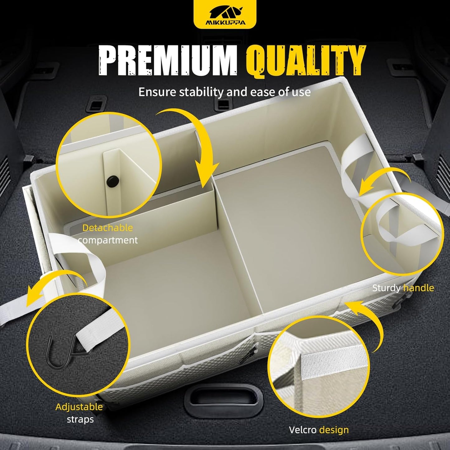 MIKKUPPA Car Trunk Organizer - 65L Collapsible Trunk Organizer with Lid, Sturdy Car Storage for SUV Auto Truck Van with Adjustable Straps and Non Slip Bottom (White)