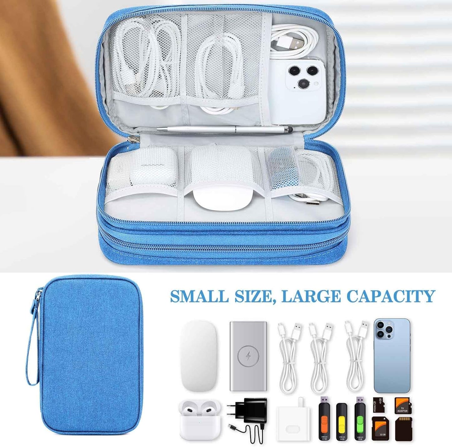 FYY Electronic Organizer, Large Travel Cable Organizer Bag Pouch Electronic Accessories Carry Case Portable Waterproof Double Layers All-in-One Storage Bag for Cable, Cord, Charger, Phone, Cyan