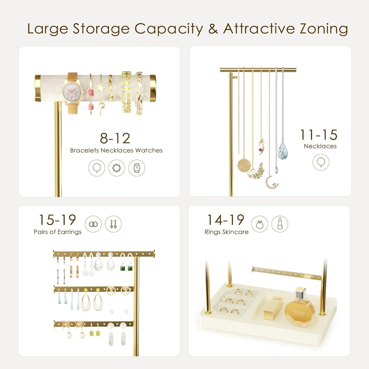 SZQINJI 5 Tier Jewelry Holder Organizer, Gold Jewelry Stand with Velvet Bracelet Holder, Adjustable Height Jewelry Display for Necklaces, Bracelets, Earrings, Rings, Gift Idea for Women, Beige
