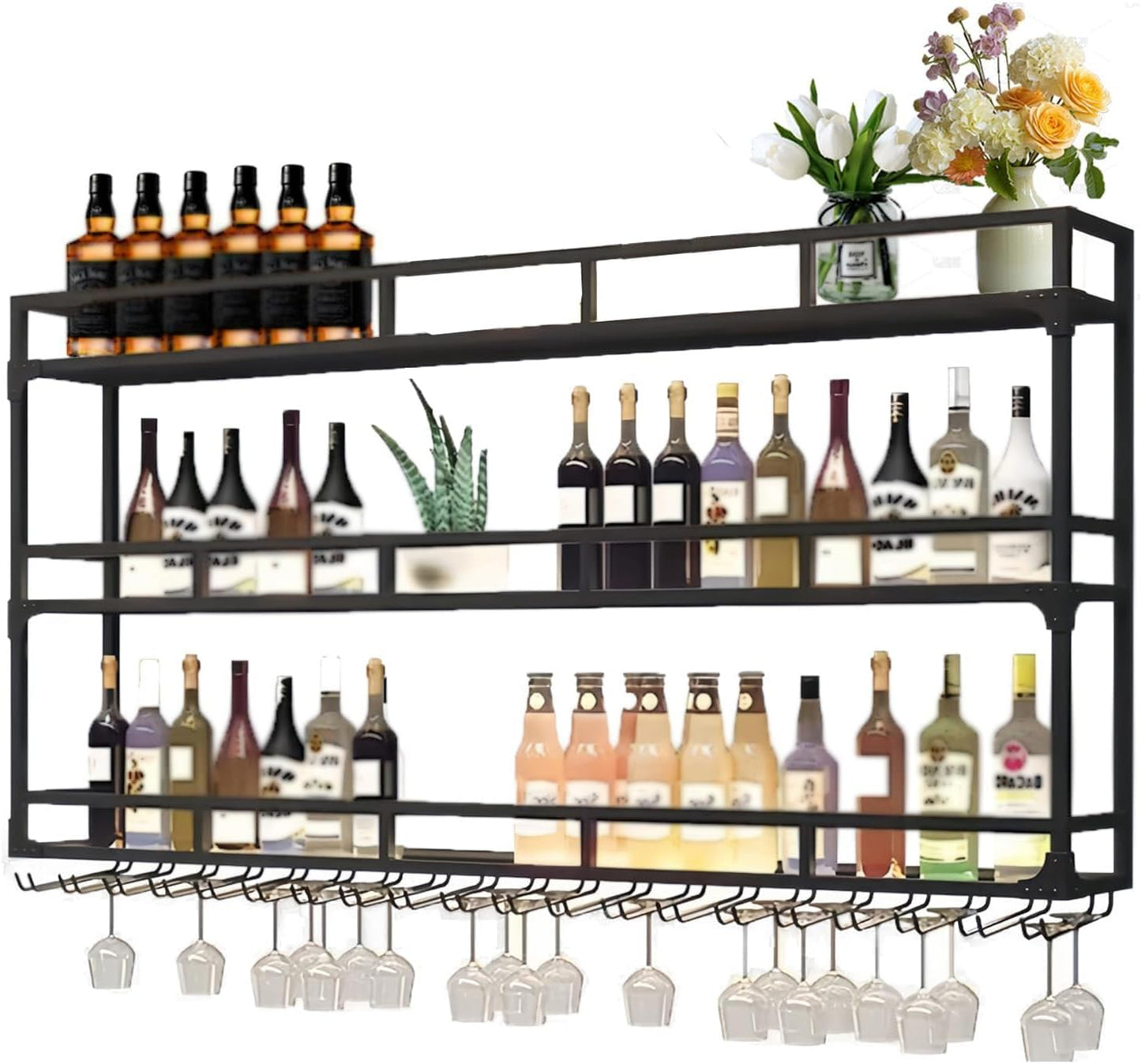 Wall Mounted Wine Rack, Wine Rack Wall Mounted with Wine Glass Rack, Metal Bar Bottle Display Shelf Wine Cups Hanging Holder, for Home Bar Cafe Dining Room Decoration (BLACK, 47.2*10*35.5IN)