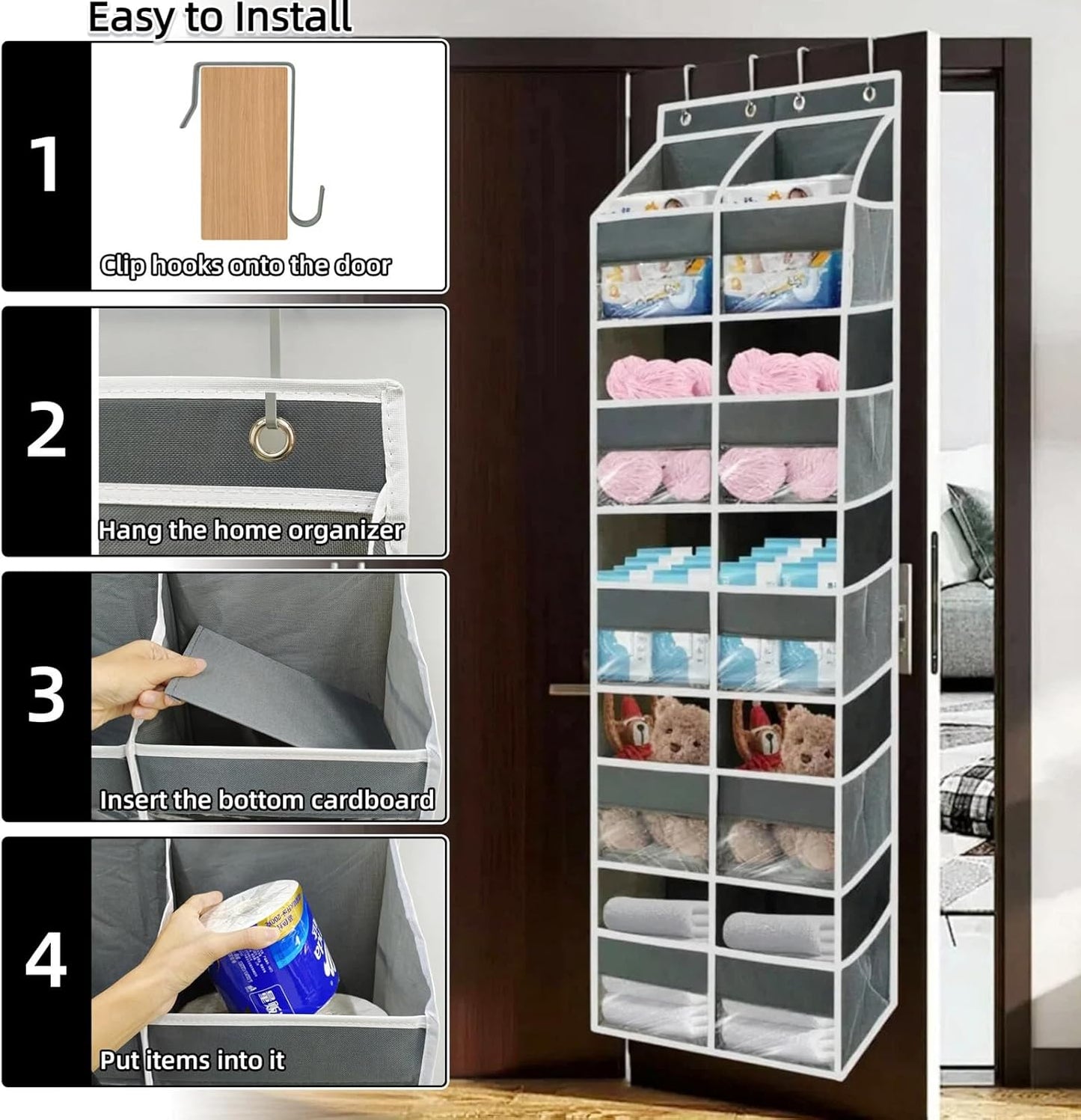 5-Tier Heavy Duty Over the Door Organizer with 10 Compartments - 600D Oxford Cloth Large Behind Door Storage for Closet, Nursery, Bedroom, Pantry, Diaper & Toy Organizer (Gray)