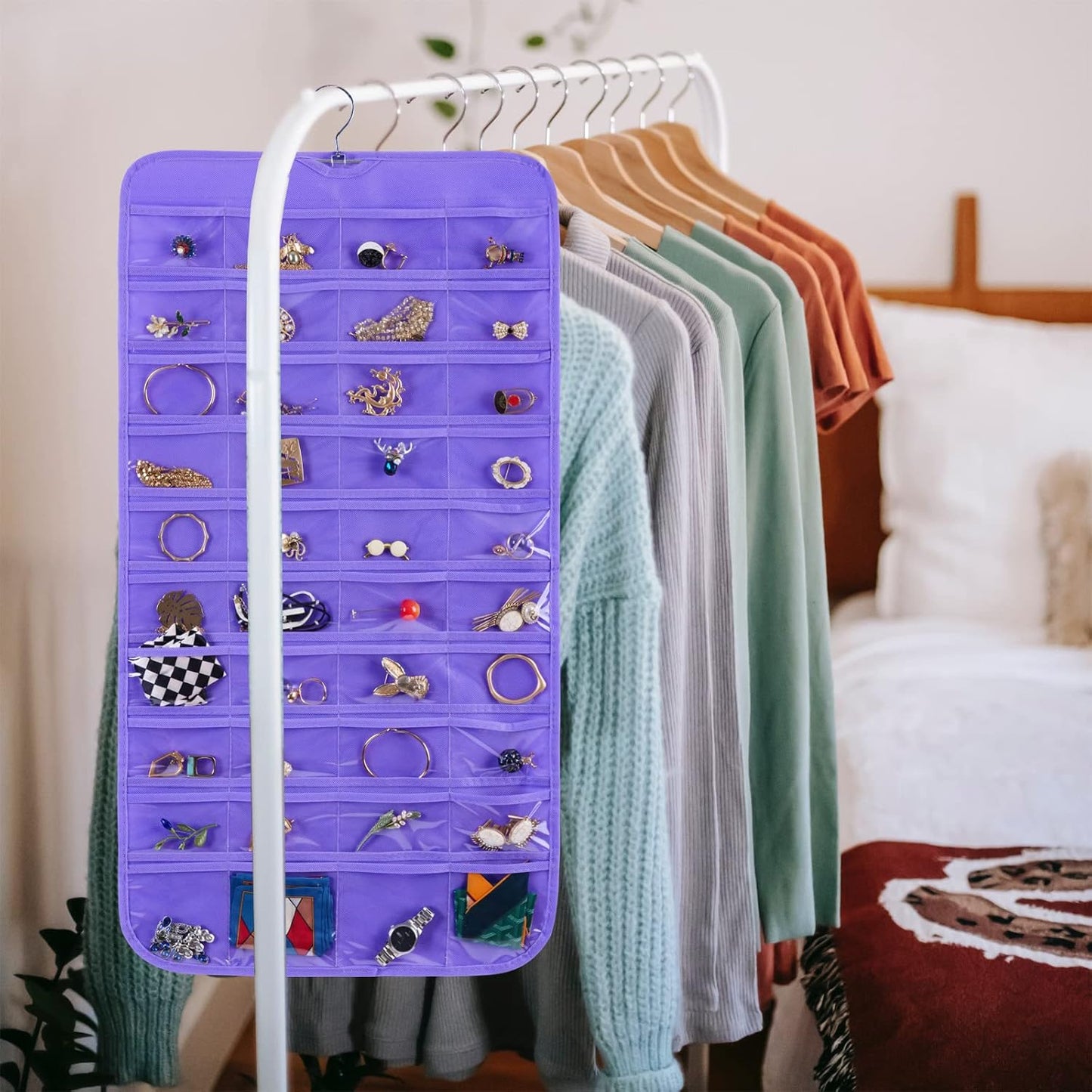 Bloss Hanging Jewelry Organizer, 80 Pockets Dual Sides Wall Jewelry Organizer Storage Dorm Room Essentials for Girls Necklace Organize And Earring Holder Hang on Closet/Door (Purple)
