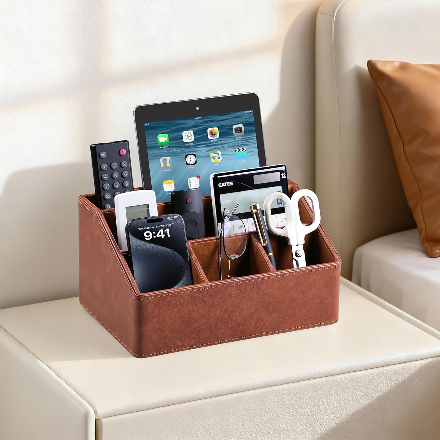 PU Leather Desk Organizer, Luxury Remote Control Holder for Home, Office Desk Accessories Table Caddy Bedside Nightstand Organizer (Brown)