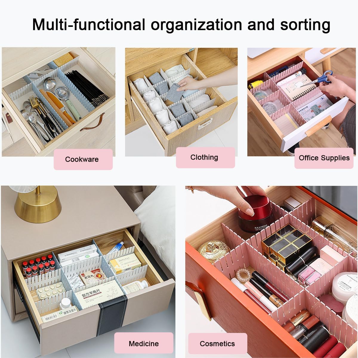 24pcs freely adjustable drawer dividers for organizing messy clothes, cosmetics, stationery, tableware, daily sundries, suitable for kitchen, living room, bathroom, study, office (white)