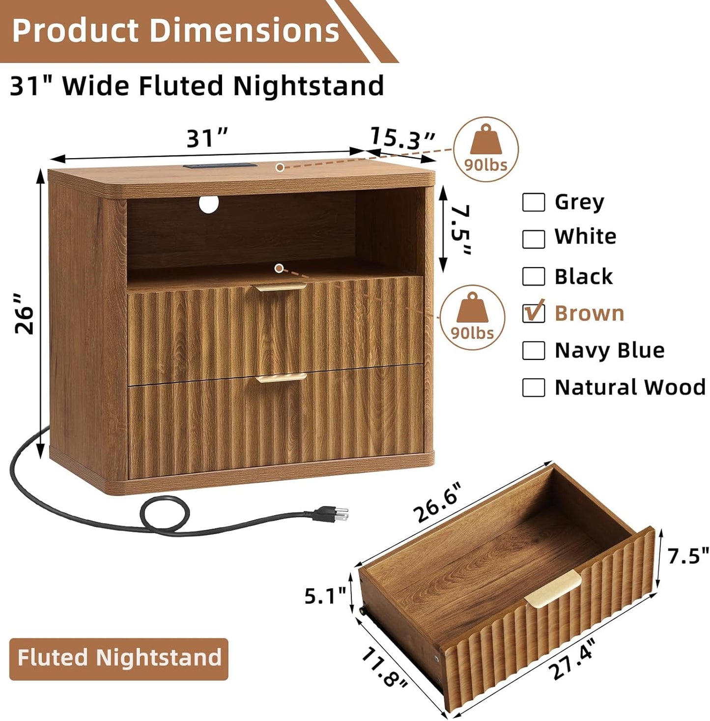 LEYAOYAO 31" Wide Fluted Nightstand with Charging Station, Oversized Extra Large 2 Drawers Night Stand,Brown Wood Bedside Table,Tall Bed Side End Tables,Modern Chest of Drawers Dressers for Bedroom