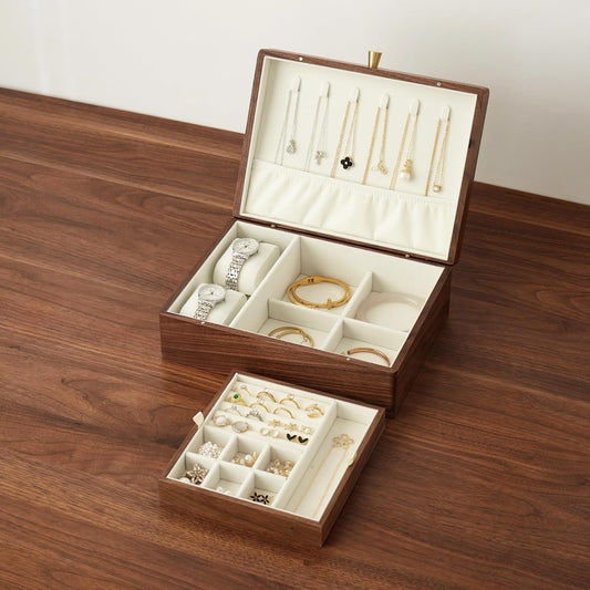 Black Walnut Wood Jewelry Box With Velvet Lining,Personalized Ring and Necklace Box for Women and Girls,Brass Handle (No lock)