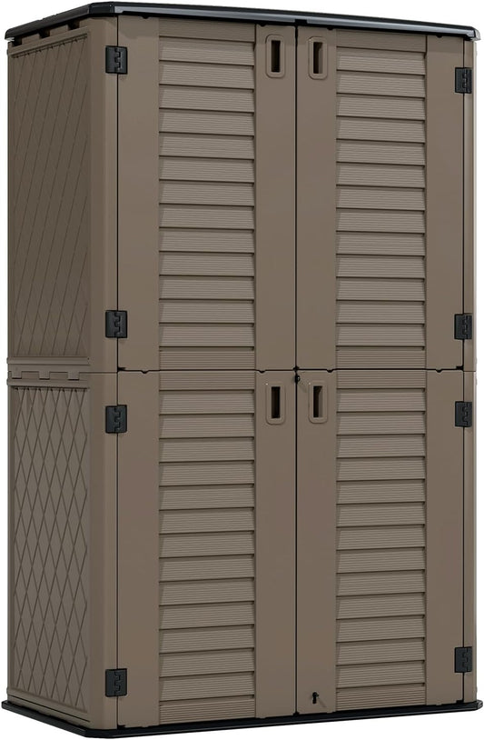 HOMSPARK Storage Shed Weather Resistance, Multi-Purpose Outdoor Storage Cabinet for Backyards and Patios, Horizontal Storage Shed for Lawnmower, Patio Accessories (Coffee, Tall - 53 cu.ft)