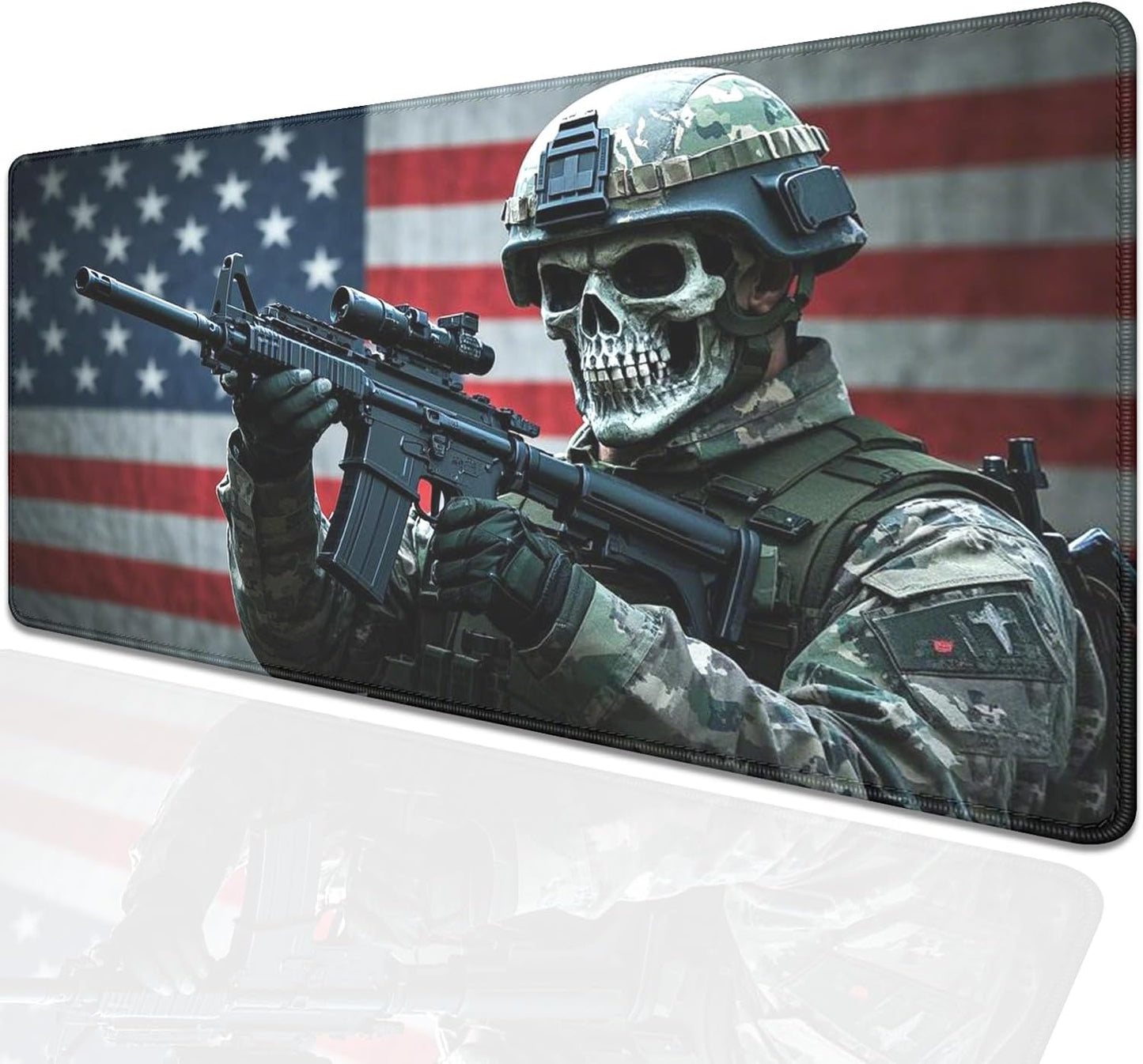 America Skeleton Warrior Mouse Pad,US Flag Soldier XL Mousepad Desk Pad with Stitched Edges,Non-Slip Waterproof Rubber Base Mouse Mat Desk Mat for Office Computer Keyboard Laptop Home(27.5x11.8 in)