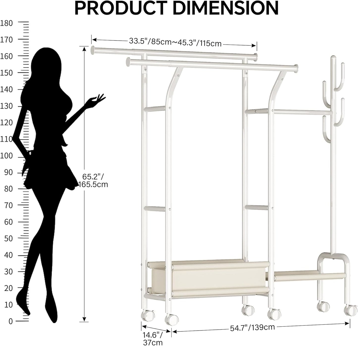 Homeiju Heavy Duty Clothes Rack Load 500LBS, Three Rods Clothing Racks for Hanging Clothes Extendable, Rolling Garment Rack with Sturdy Wheels, Basket, Storage Shelves, White